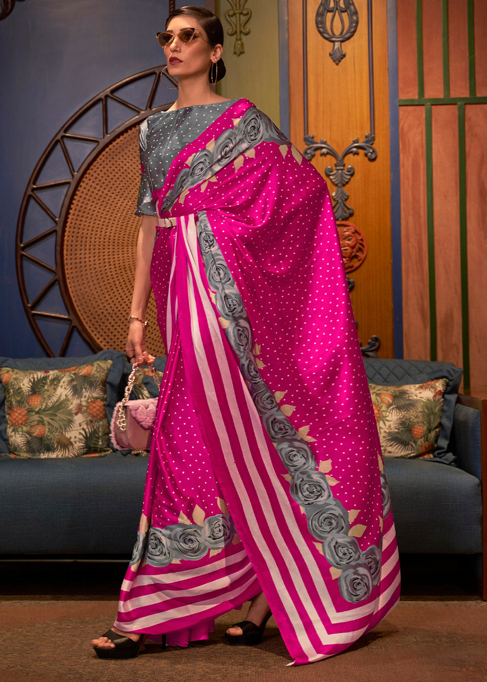 Hot Pink Printed Crepe Silk Saree: Top Pick