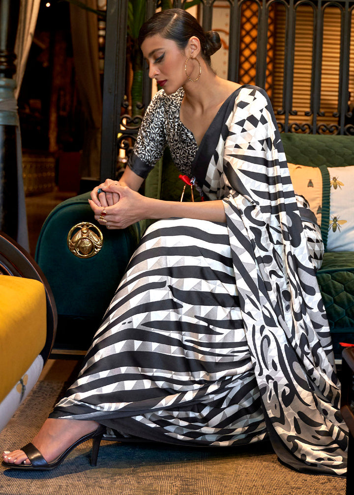 White & Black Printed Crepe Silk Saree