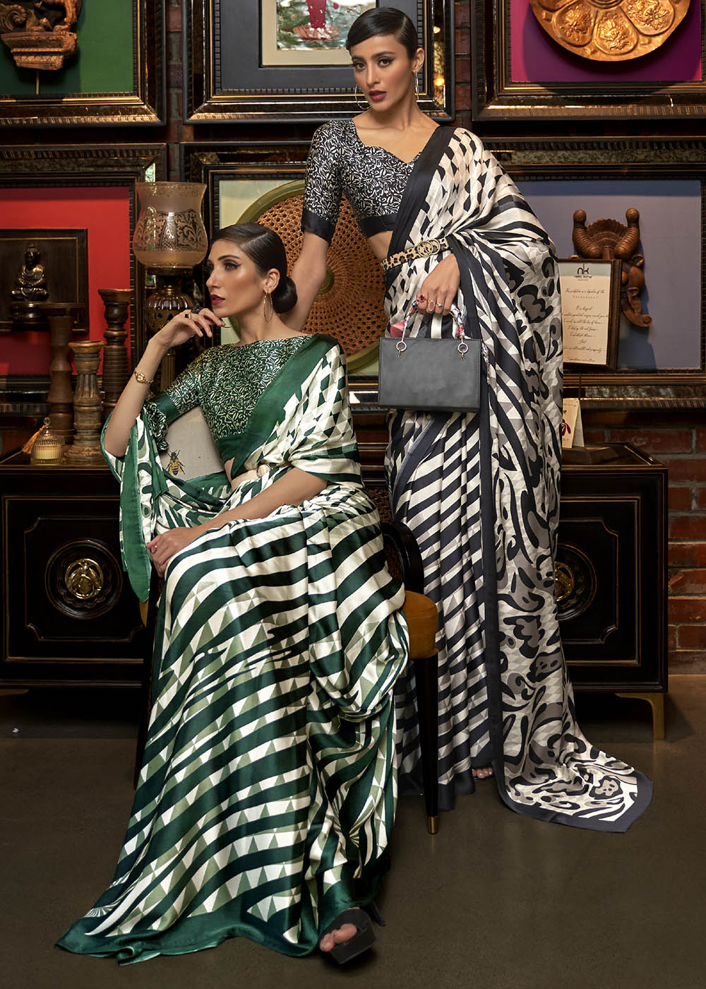 Green & White Printed Satin Silk Saree