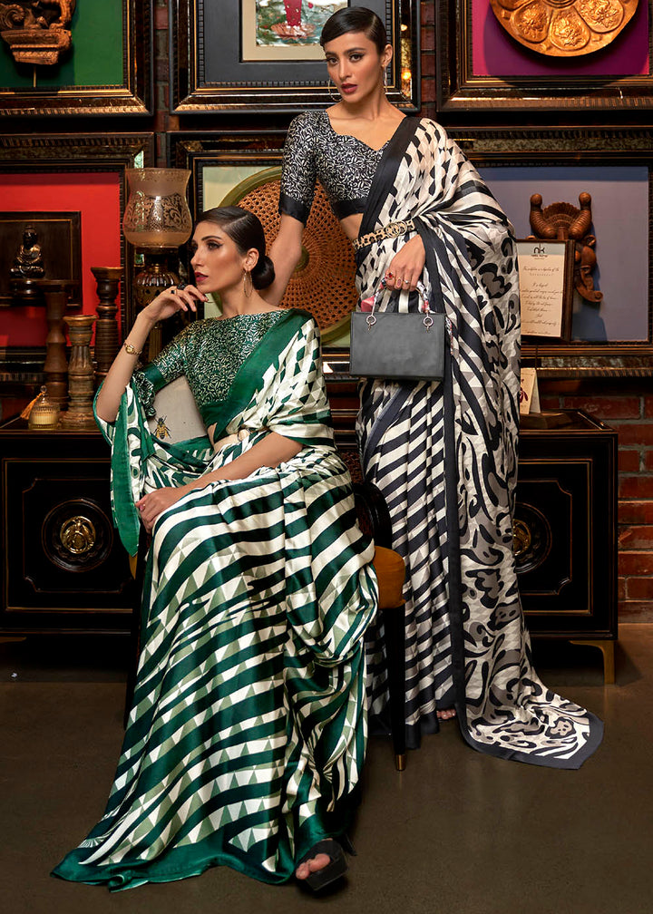Green & White Printed Satin Silk Saree