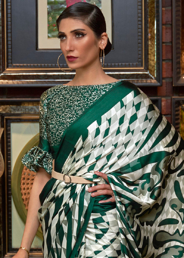 Green & White Printed Satin Silk Saree