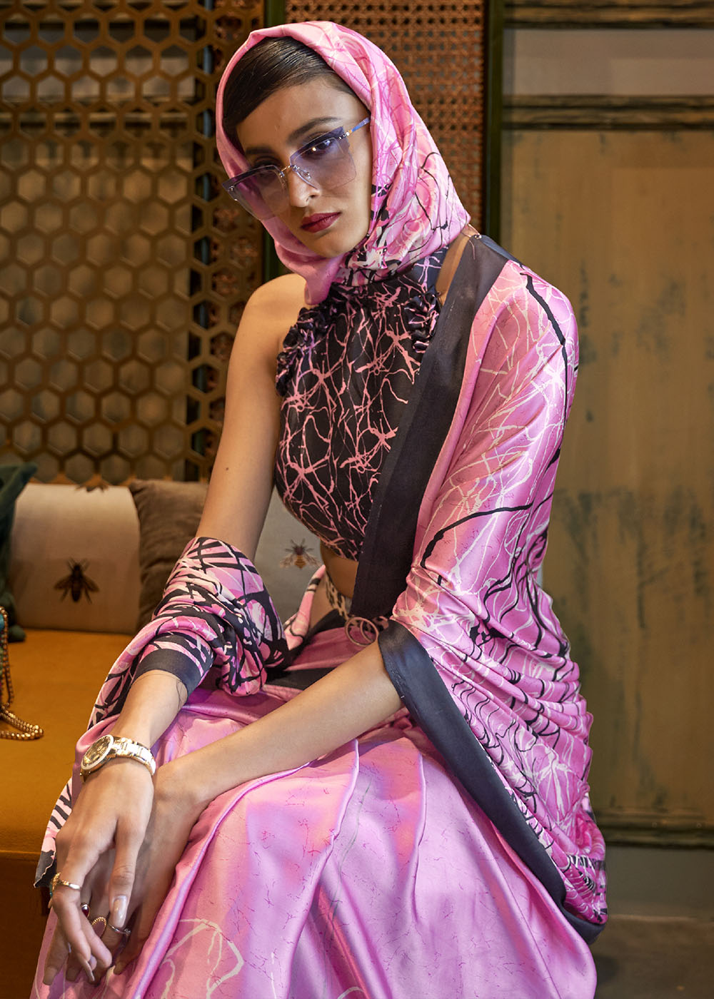 Taffy Pink Designer Satin Crepe Printed Saree