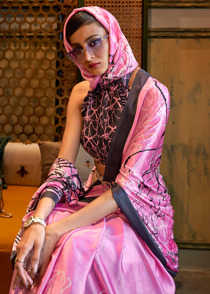 Taffy Pink Designer Satin Crepe Printed Saree