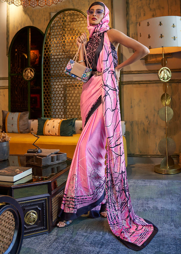 Taffy Pink Designer Satin Crepe Printed Saree