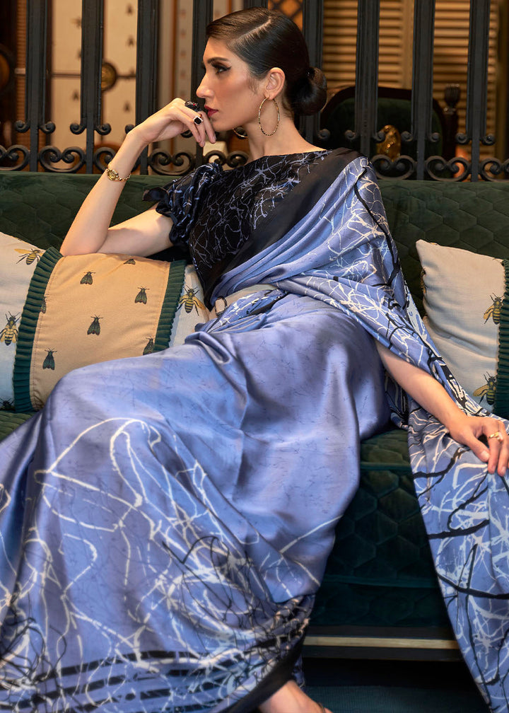 Steel Blue Designer Satin Crepe Printed Saree