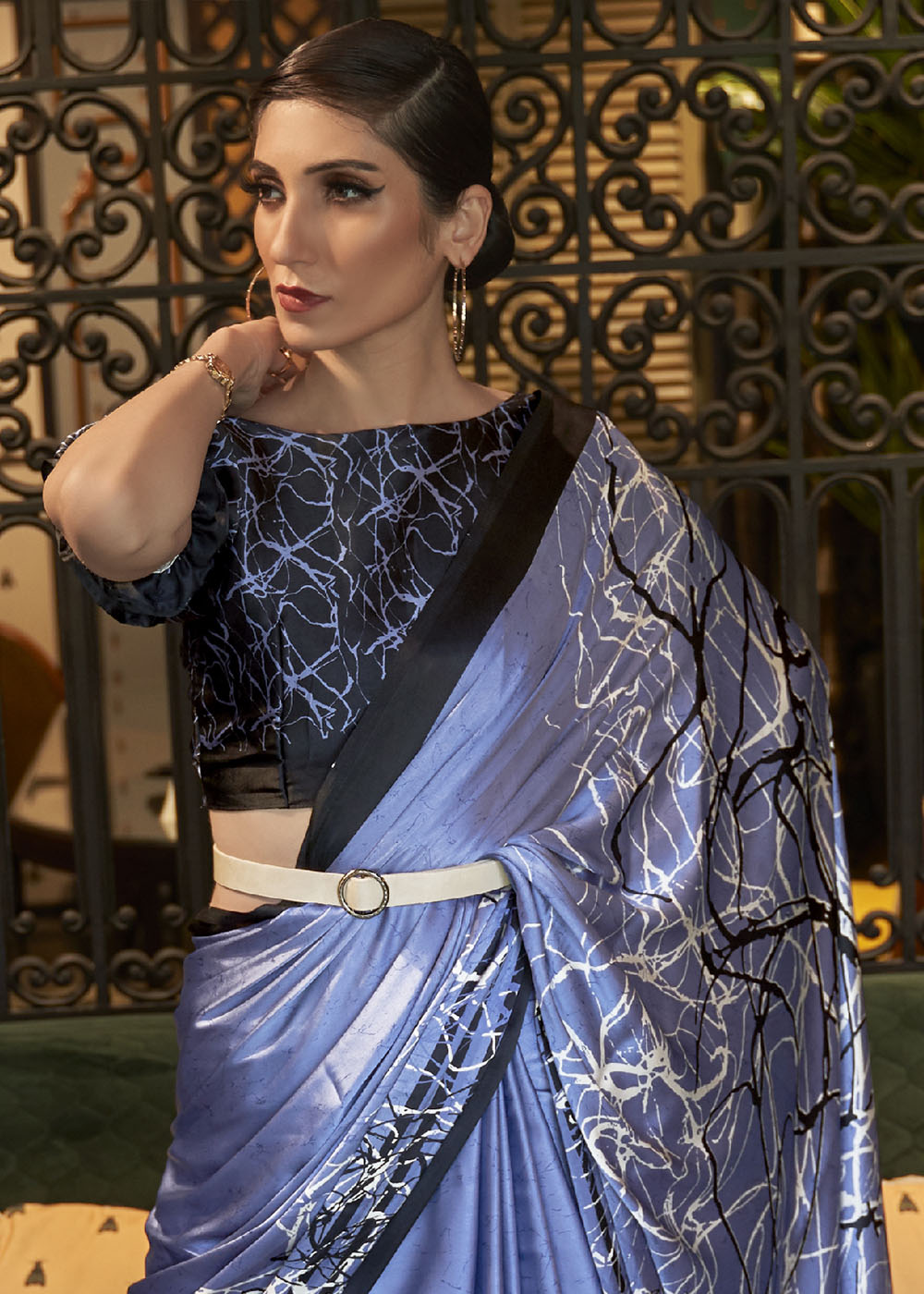 Steel Blue Designer Satin Crepe Printed Saree