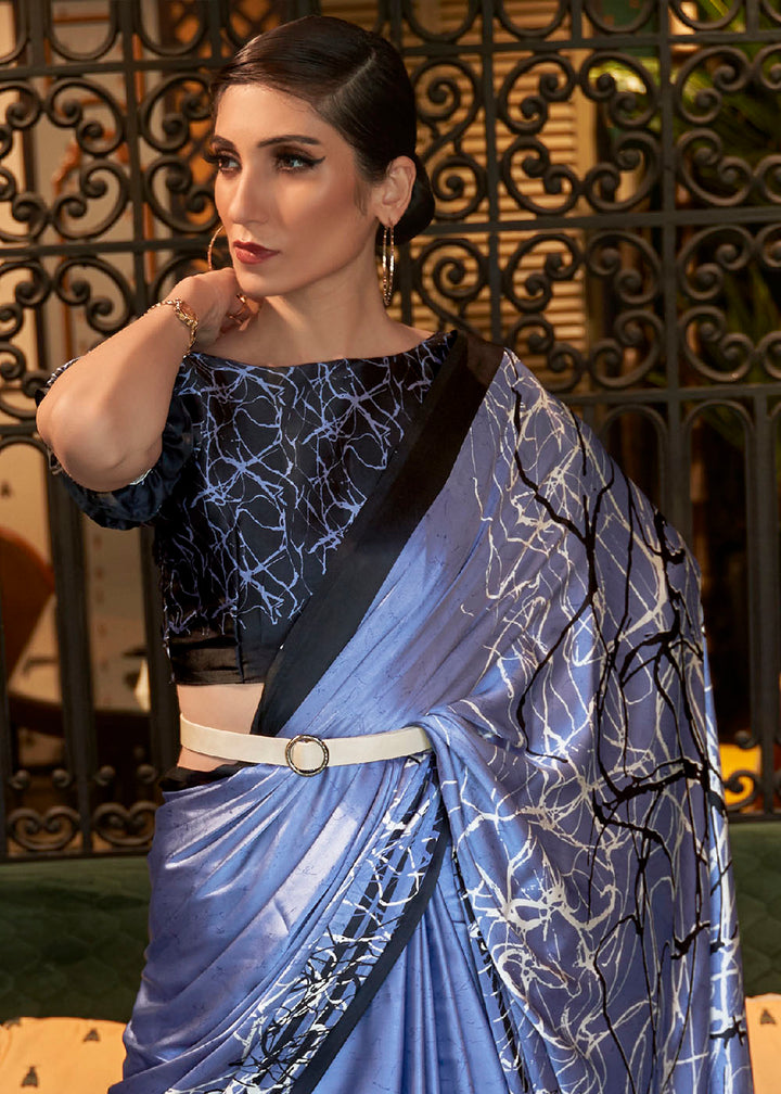 Steel Blue Designer Satin Crepe Printed Saree