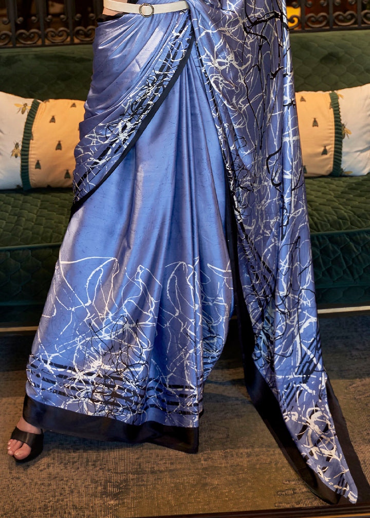 Steel Blue Designer Satin Crepe Printed Saree