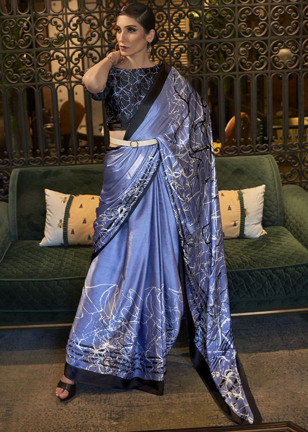Steel Blue Designer Satin Crepe Printed Saree