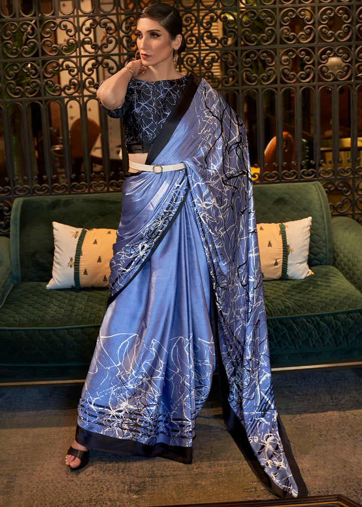 Steel Blue Designer Satin Crepe Printed Saree