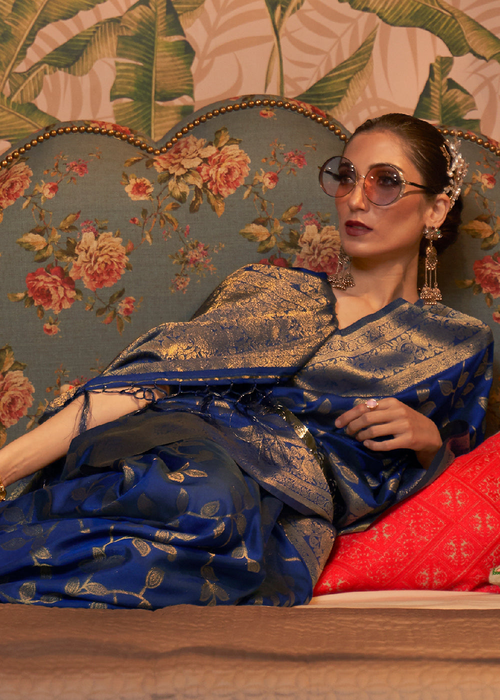 Dark Whale Blue Woven Floral Banarasi Silk Saree