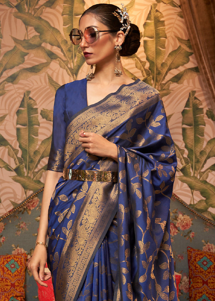 Dark Whale Blue Woven Floral Banarasi Silk Saree
