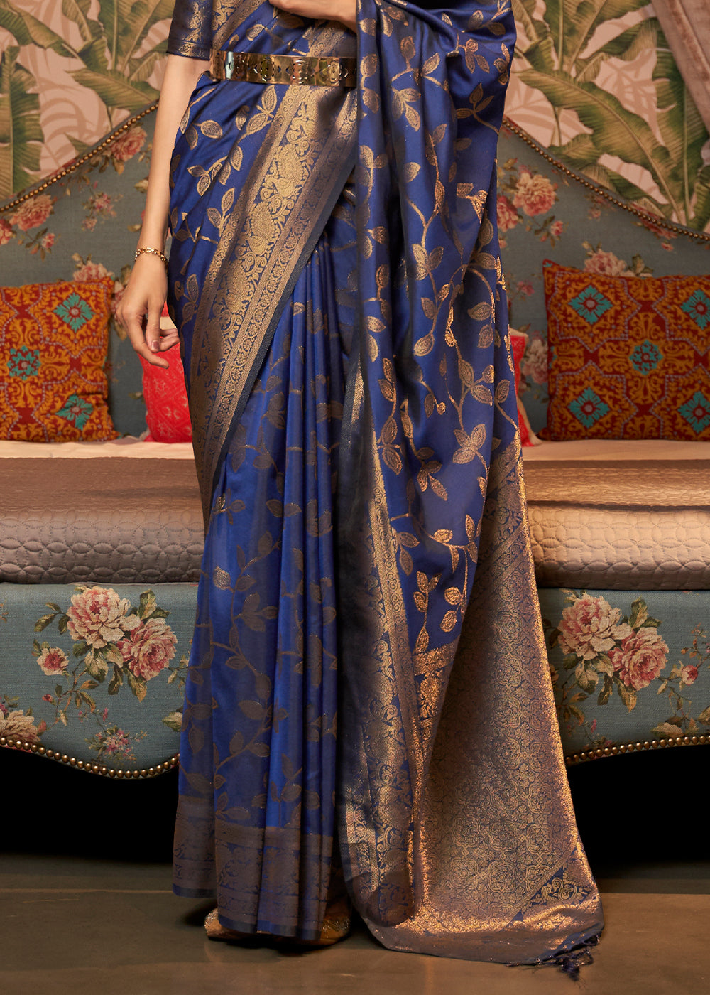 Dark Whale Blue Woven Floral Banarasi Silk Saree