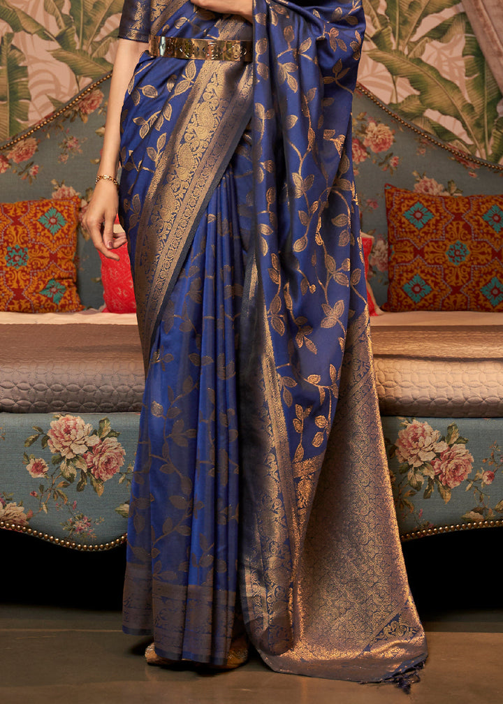 Dark Whale Blue Woven Floral Banarasi Silk Saree