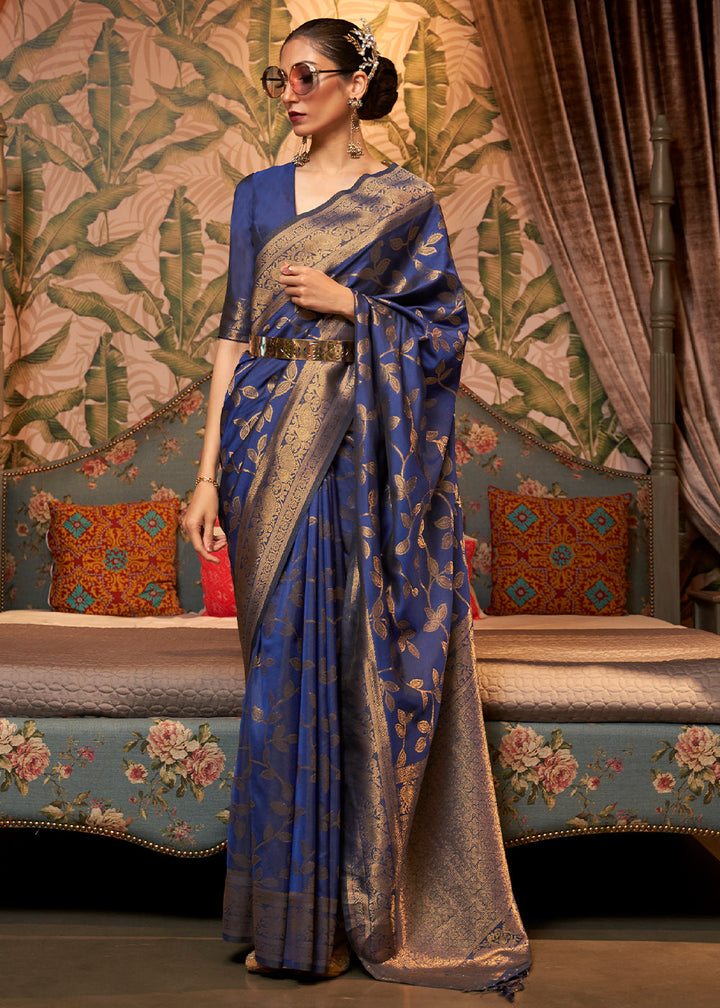 Dark Whale Blue Woven Floral Banarasi Silk Saree