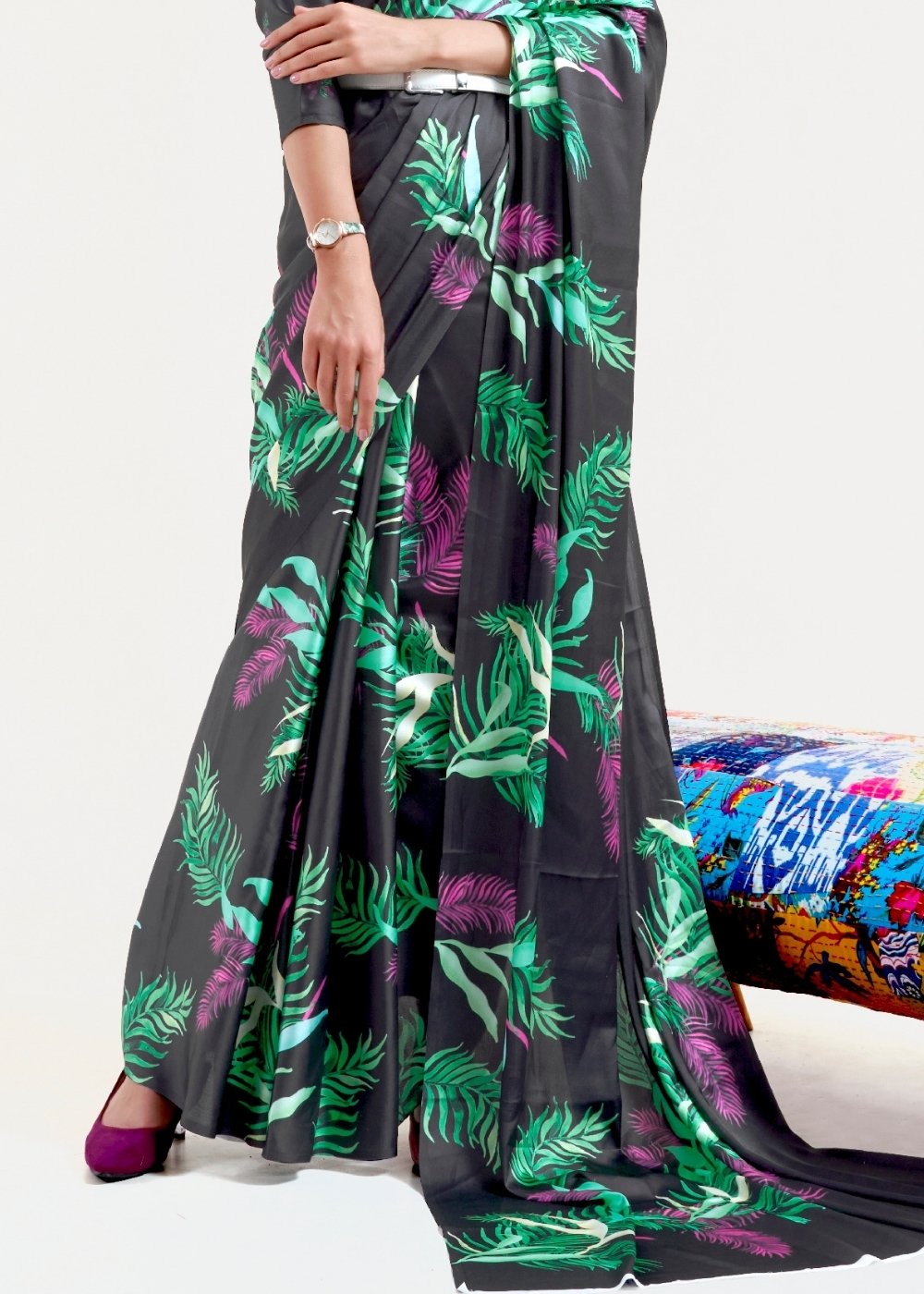 Ebony Black Printed Satin Crepe Saree