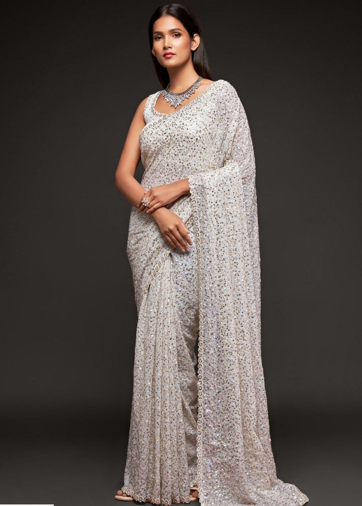 Pearl White Designer Georgette Saree