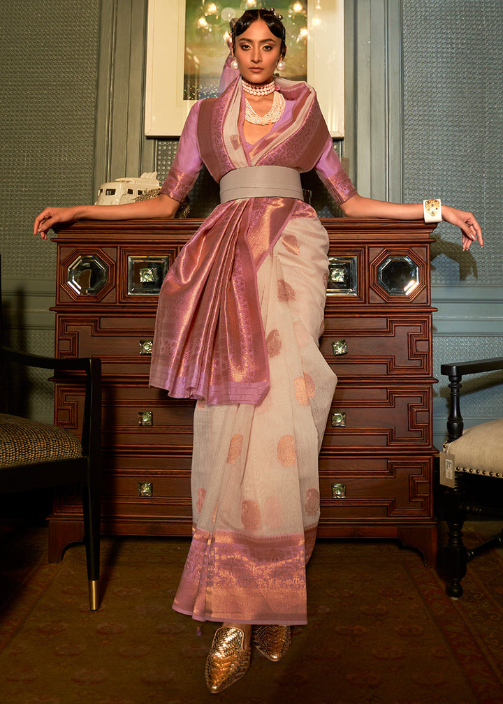 Beige Brown Copper Zari Woven Linen Silk Saree