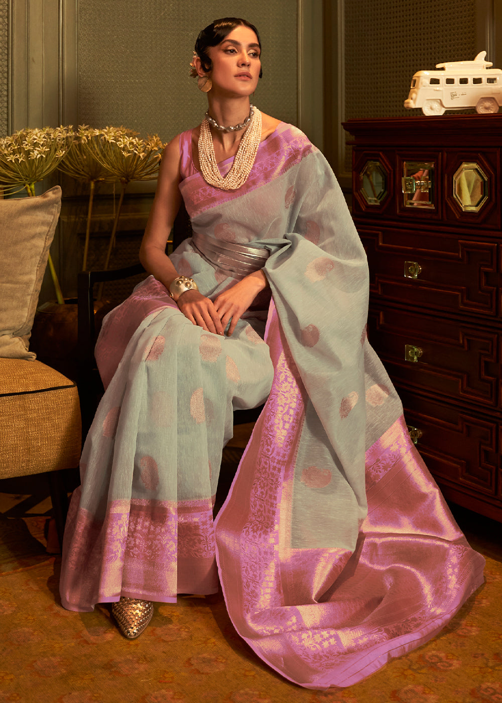 Light Blue Copper Zari Woven Linen Silk Saree