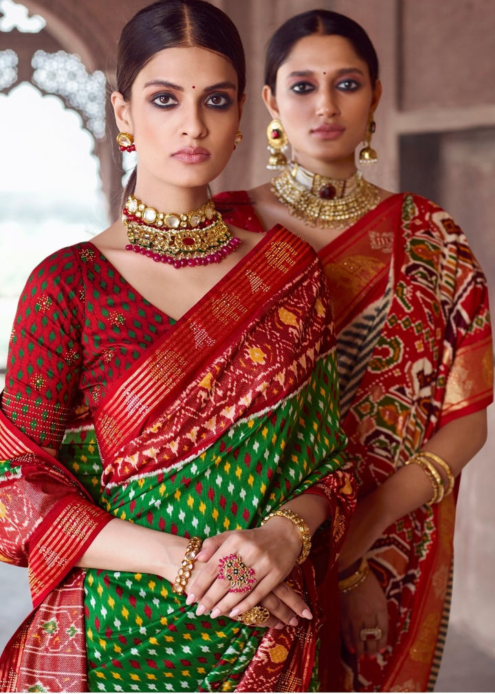 Kelly Green & Red Patola Silk Saree with Zari Border Pallu & Stone work