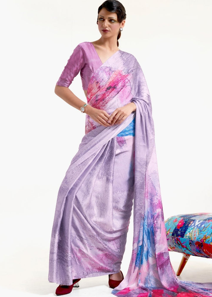 Periwinkle Purple Printed Satin Crepe Saree