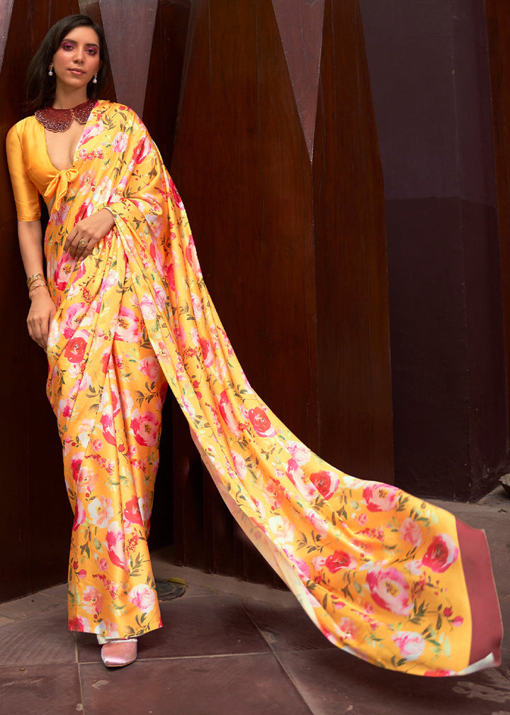 Saffron Yellow Printed Crepe Silk Saree