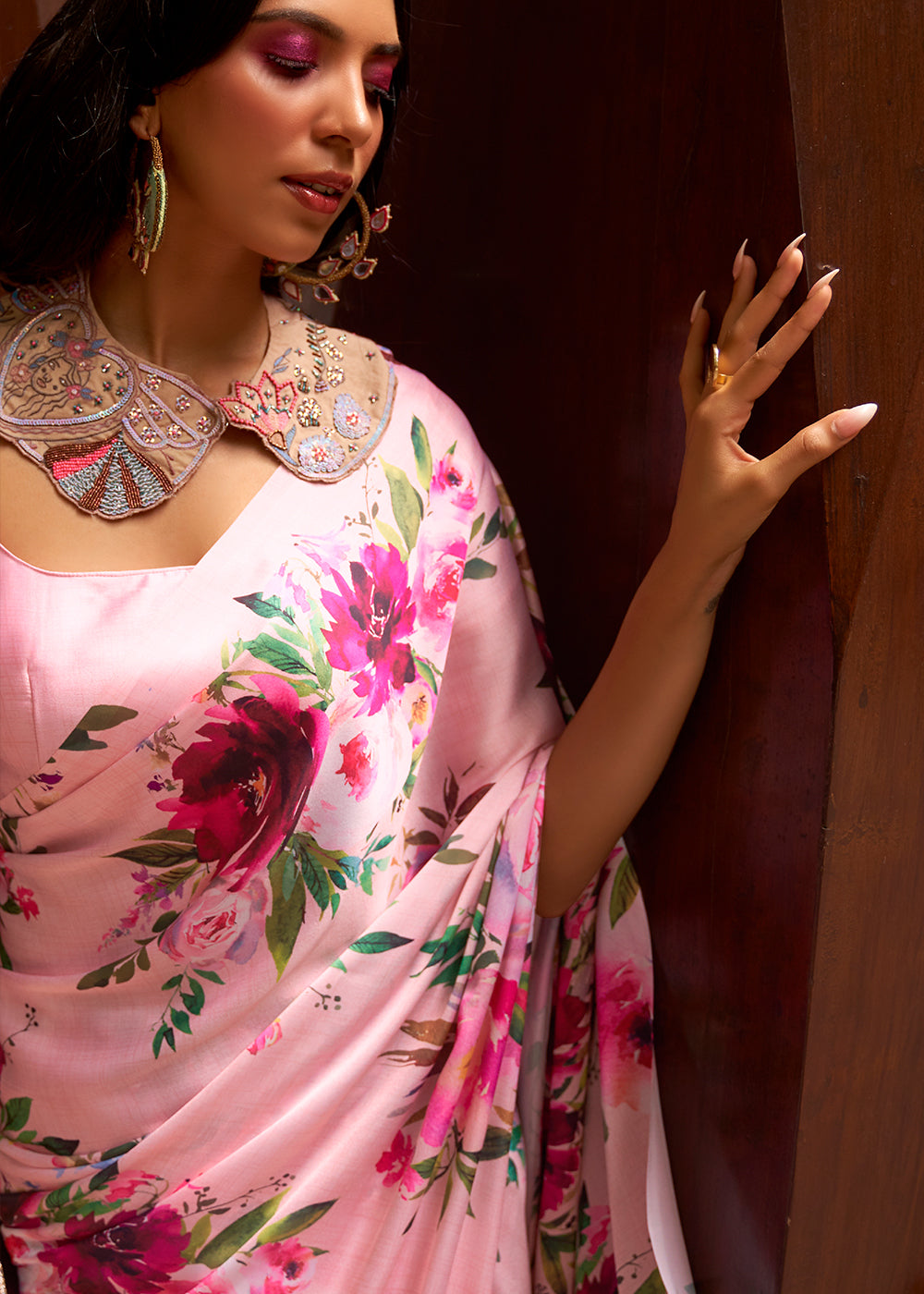 Baby Pink Floral Printed Satin Crepe Saree