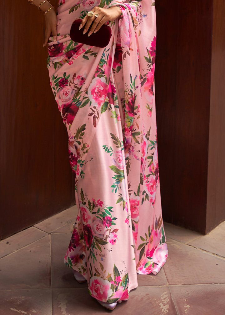 Baby Pink Floral Printed Satin Crepe Saree