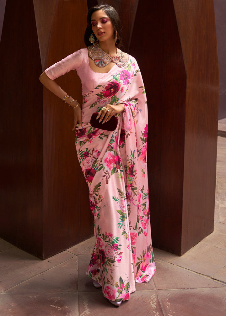 Baby Pink Floral Printed Satin Crepe Saree