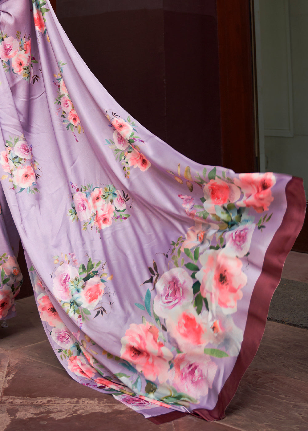 Lavender Purple Floral Printed Satin Crepe Saree