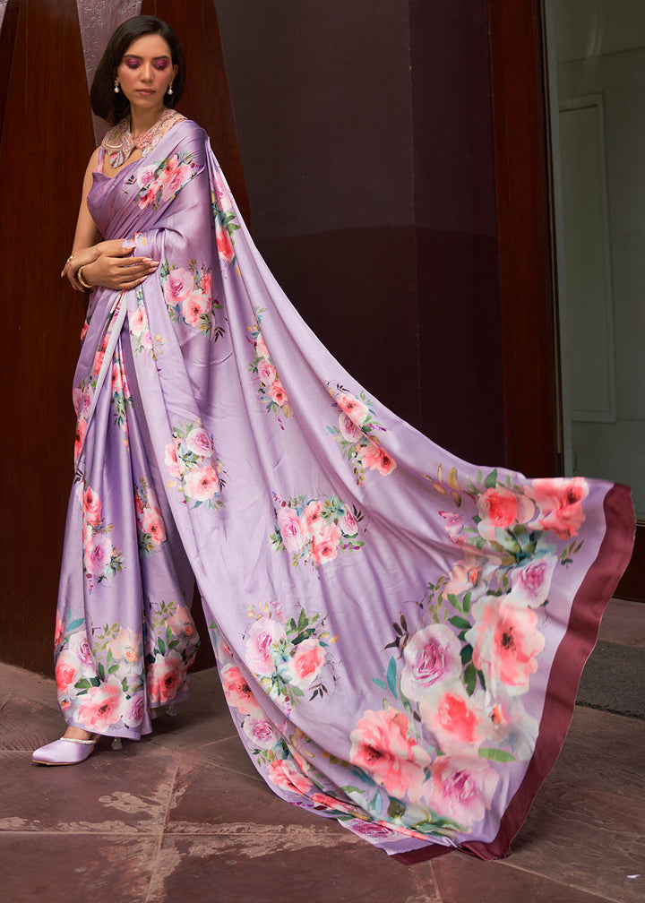Lavender Purple Floral Printed Satin Crepe Saree