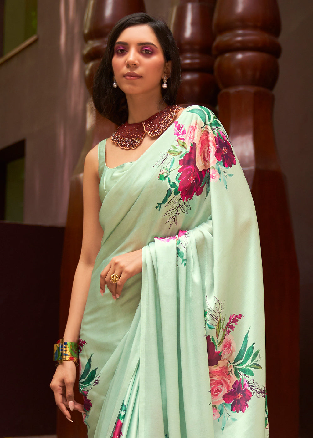 Mint Green Floral Printed Satin Crepe Saree
