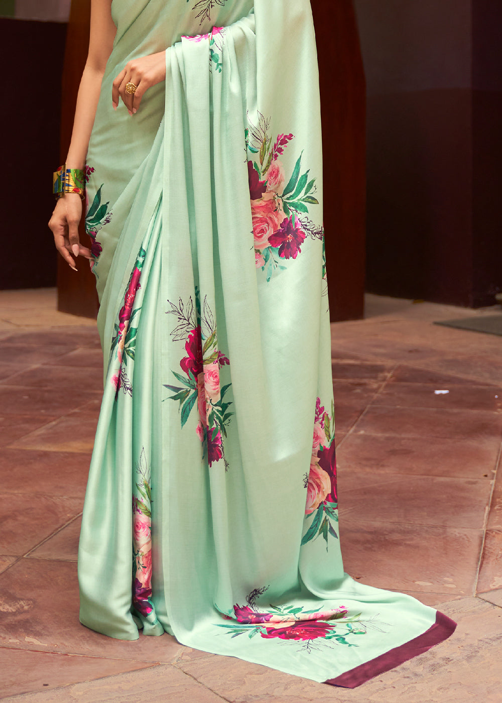 Mint Green Floral Printed Satin Crepe Saree