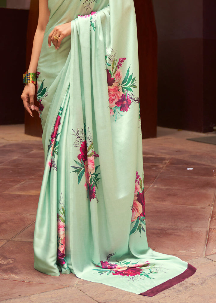 Mint Green Floral Printed Satin Crepe Saree