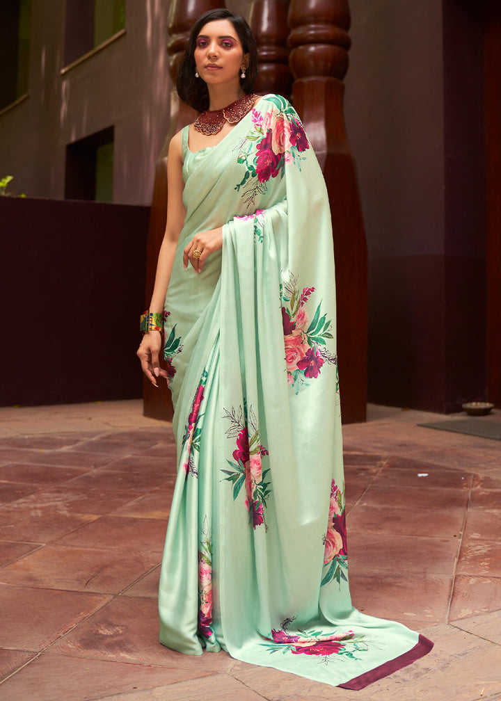 Mint Green Floral Printed Satin Crepe Saree