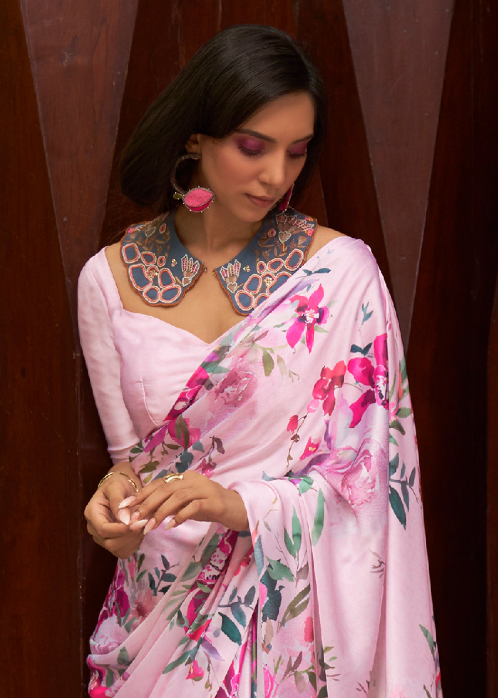 Blush Pink Printed Crepe Silk Saree