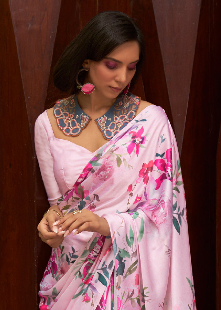 Blush Pink Printed Crepe Silk Saree