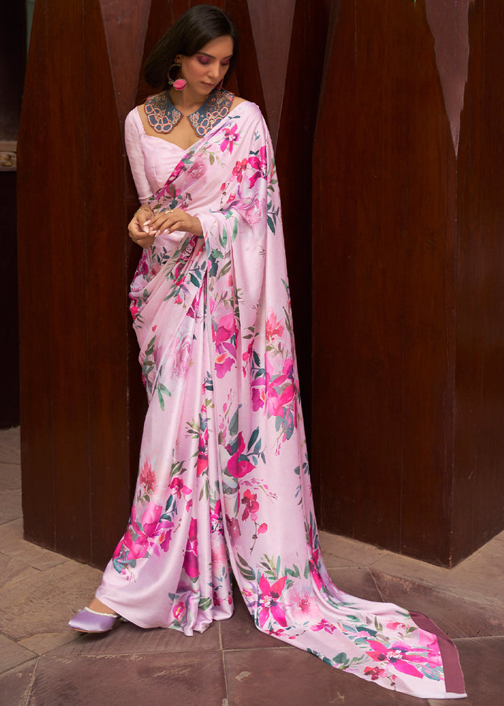 Blush Pink Printed Crepe Silk Saree