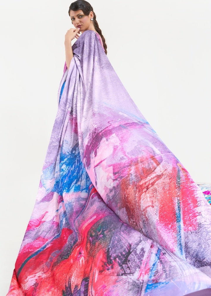 Periwinkle Purple Printed Satin Crepe Saree