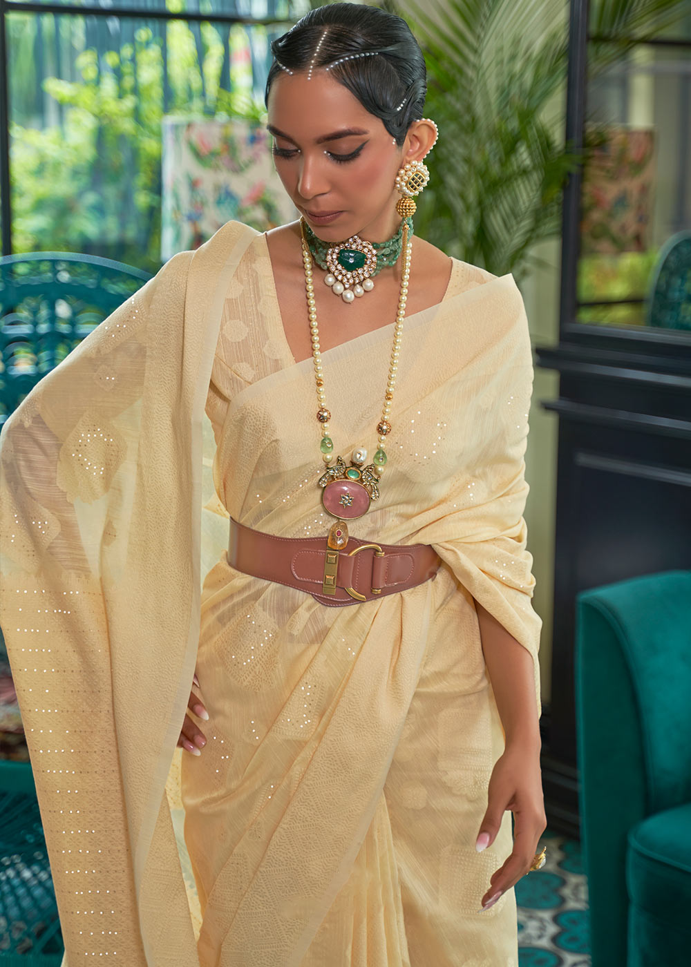 Shades Of Yellow Chikankari Weaving Silk Saree with Sequins work