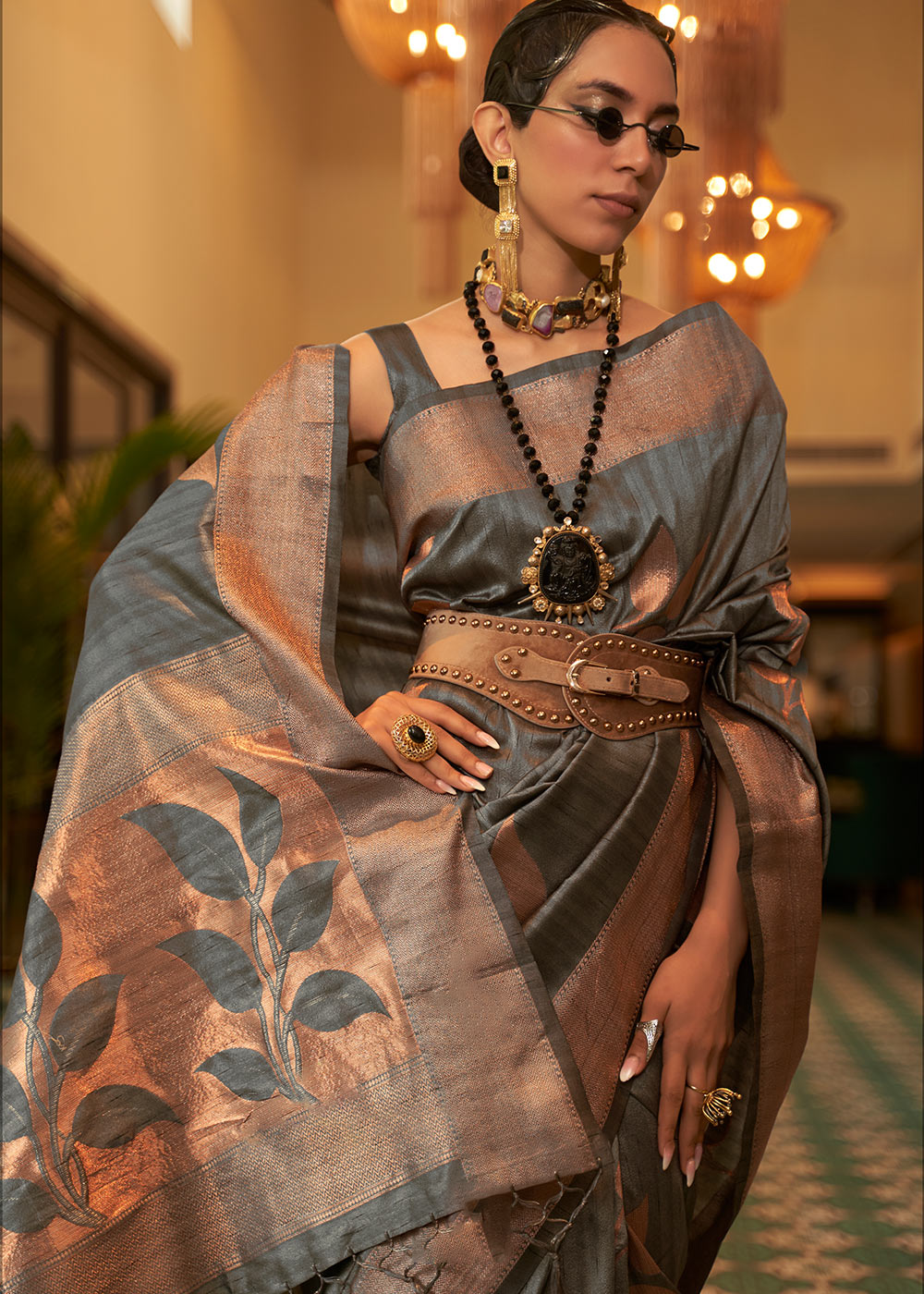 Charcoal Grey Zari Woven Handloom Weaving Silk Saree