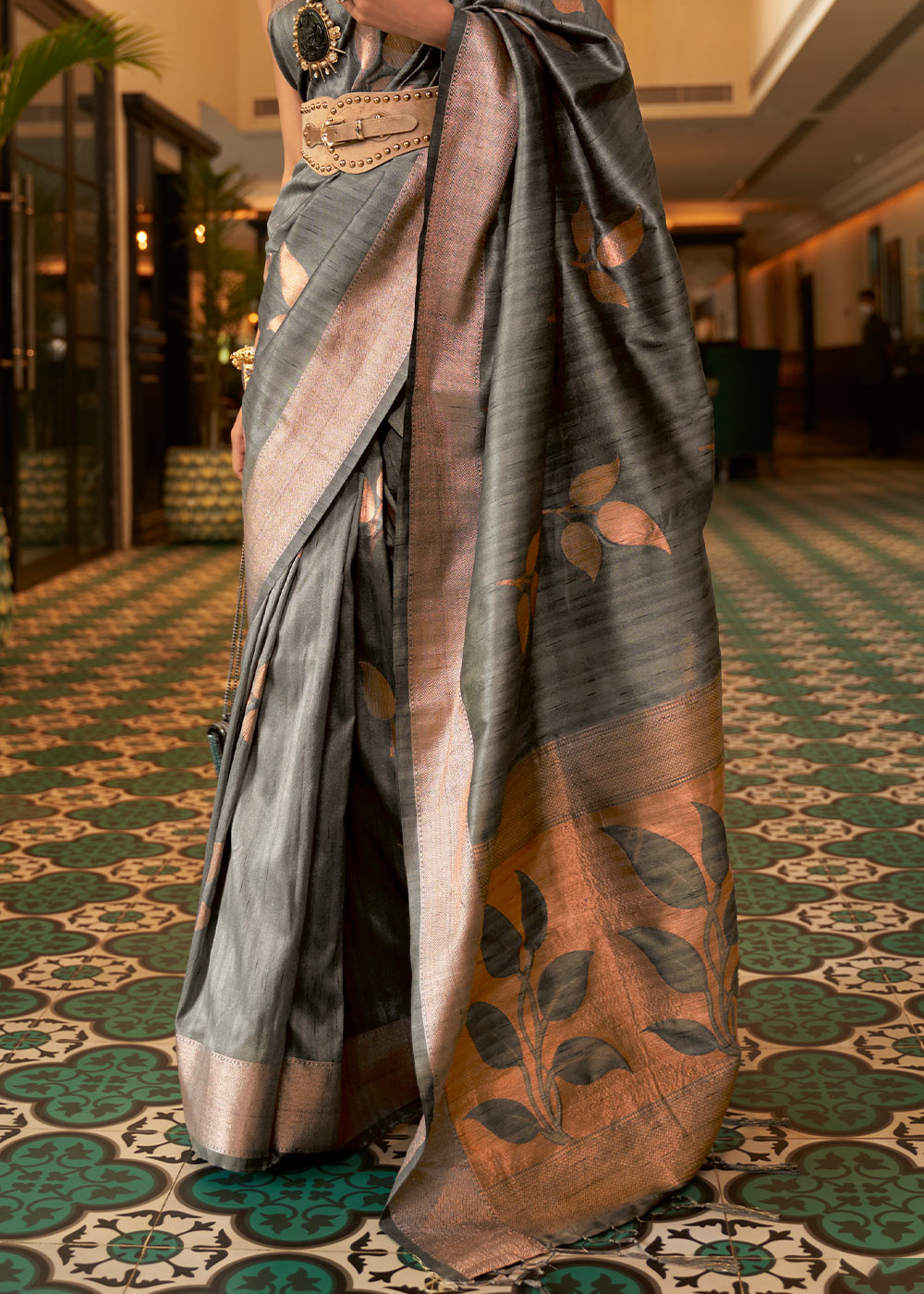 Charcoal Grey Zari Woven Handloom Weaving Silk Saree