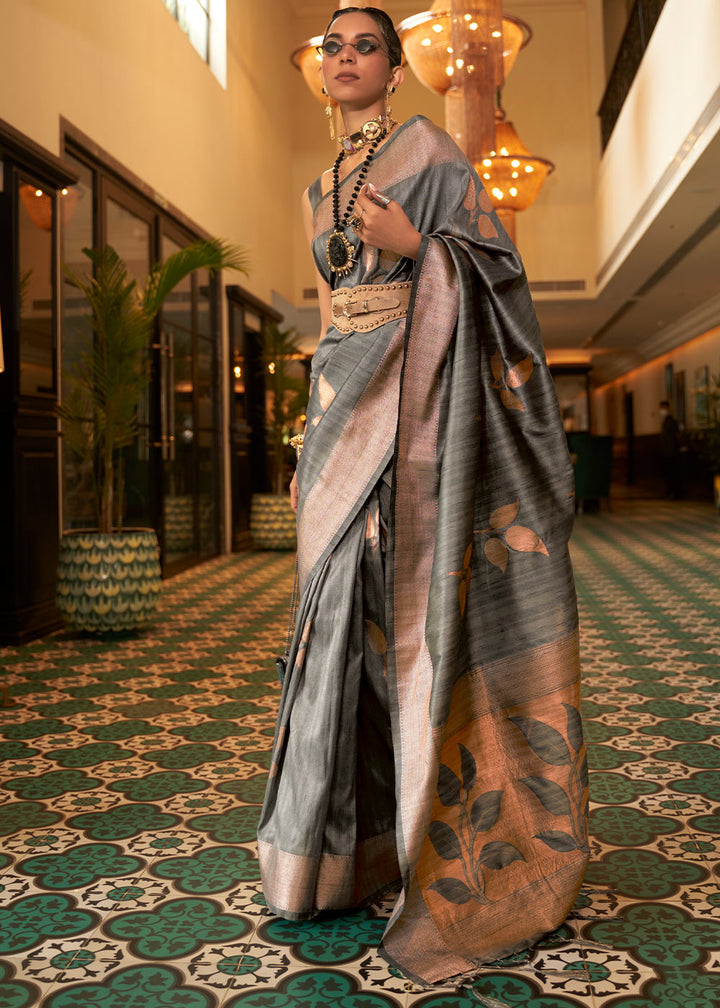 Charcoal Grey Zari Woven Handloom Weaving Silk Saree