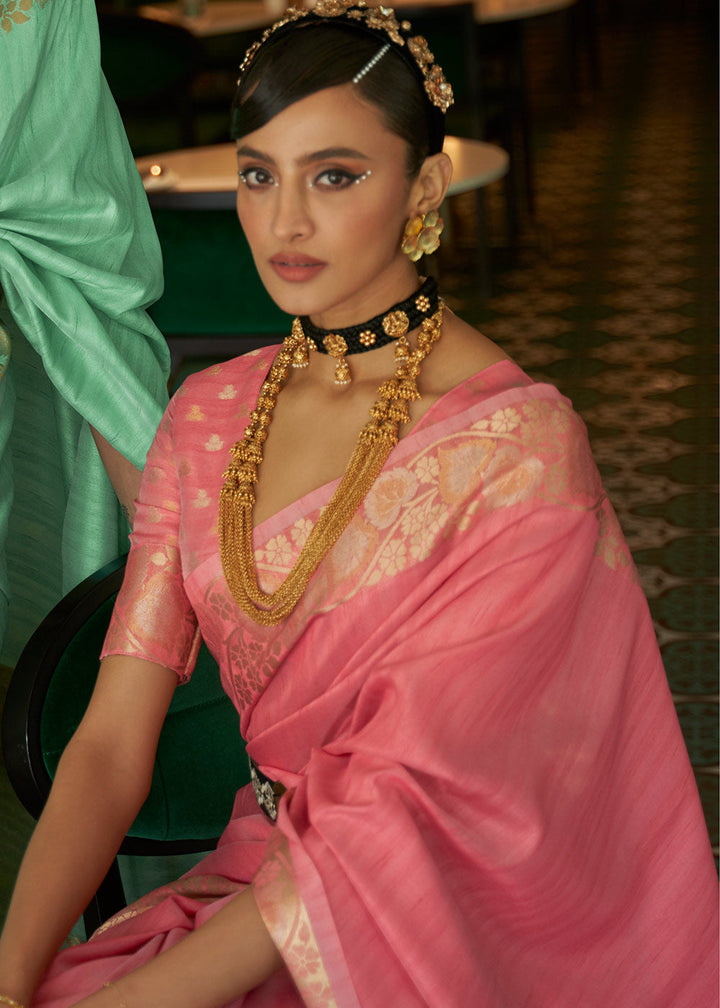 Watermelon Pink Zari Woven Tussar Silk Saree