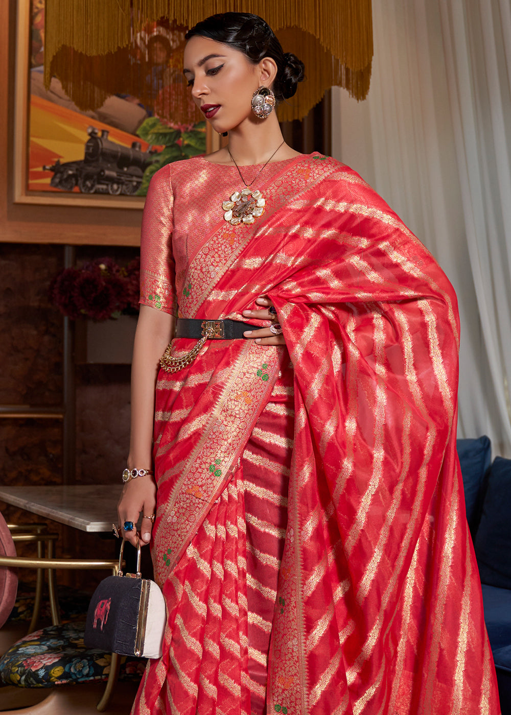 Venetian Red Organza Silk Saree
