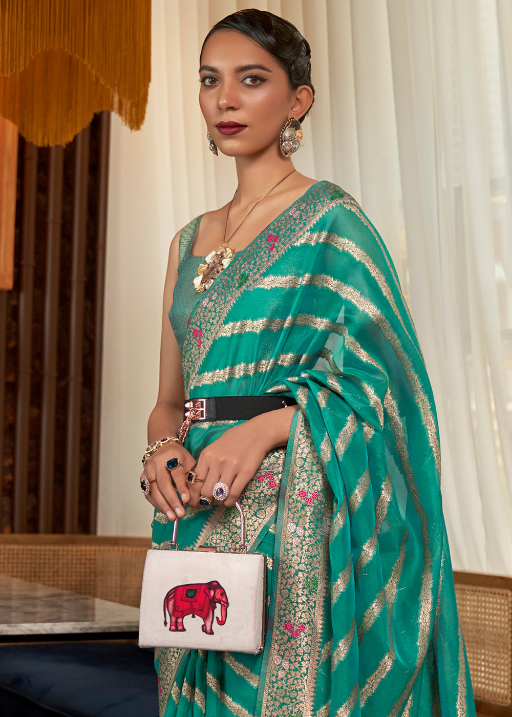 Turquoise Green Organza Silk Saree