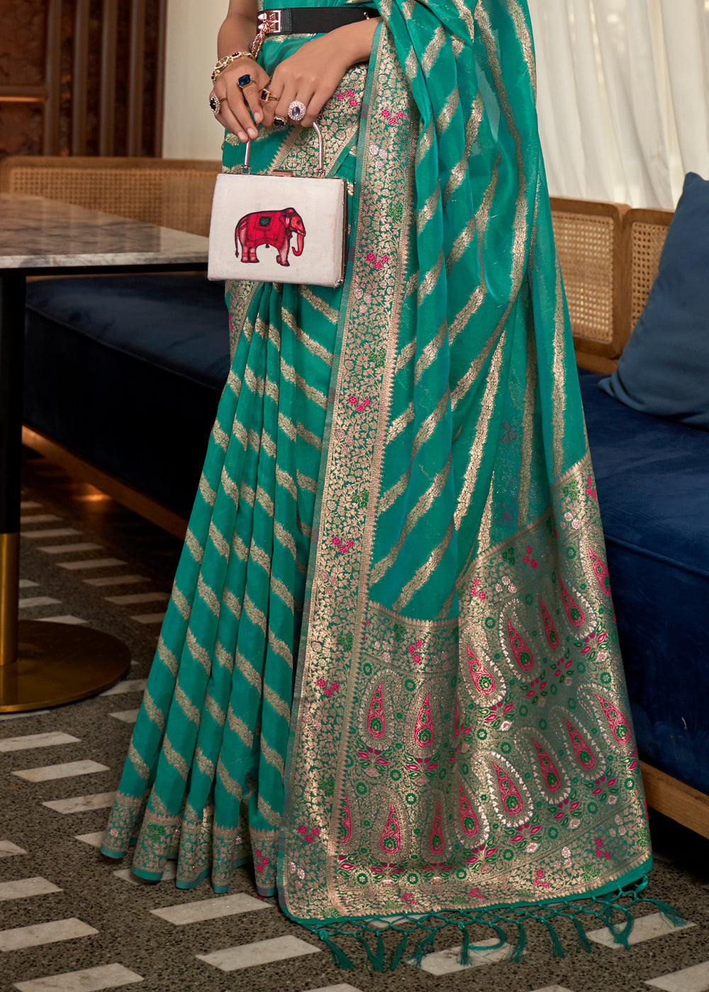 Turquoise Green Organza Silk Saree