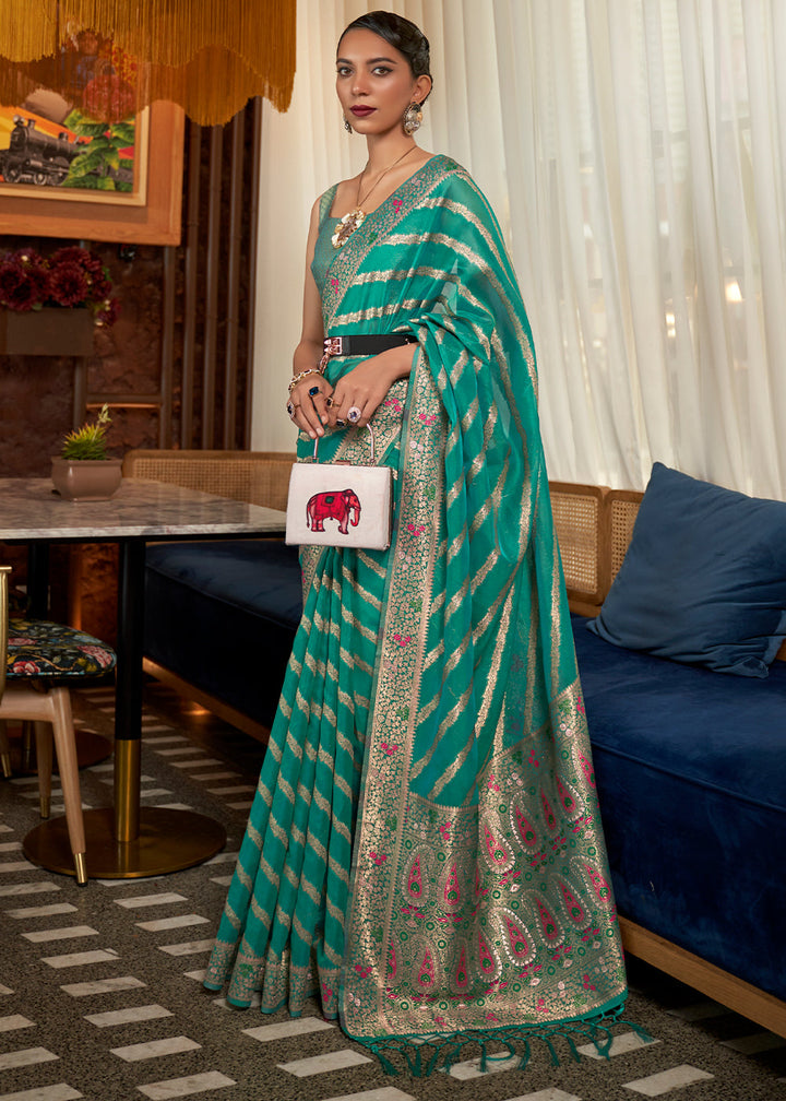 Turquoise Green Organza Silk Saree