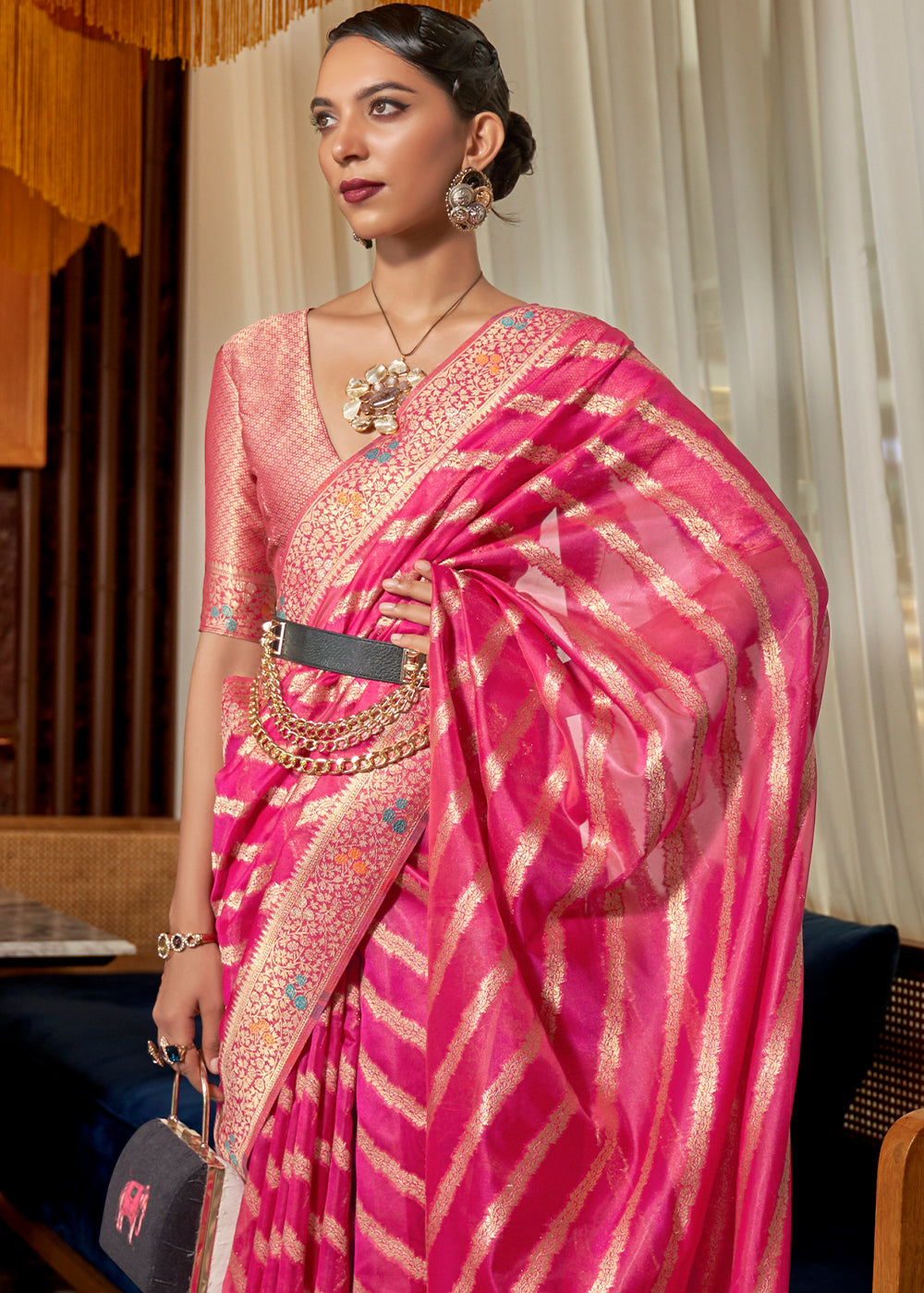 Bright Pink Organza Silk Saree
