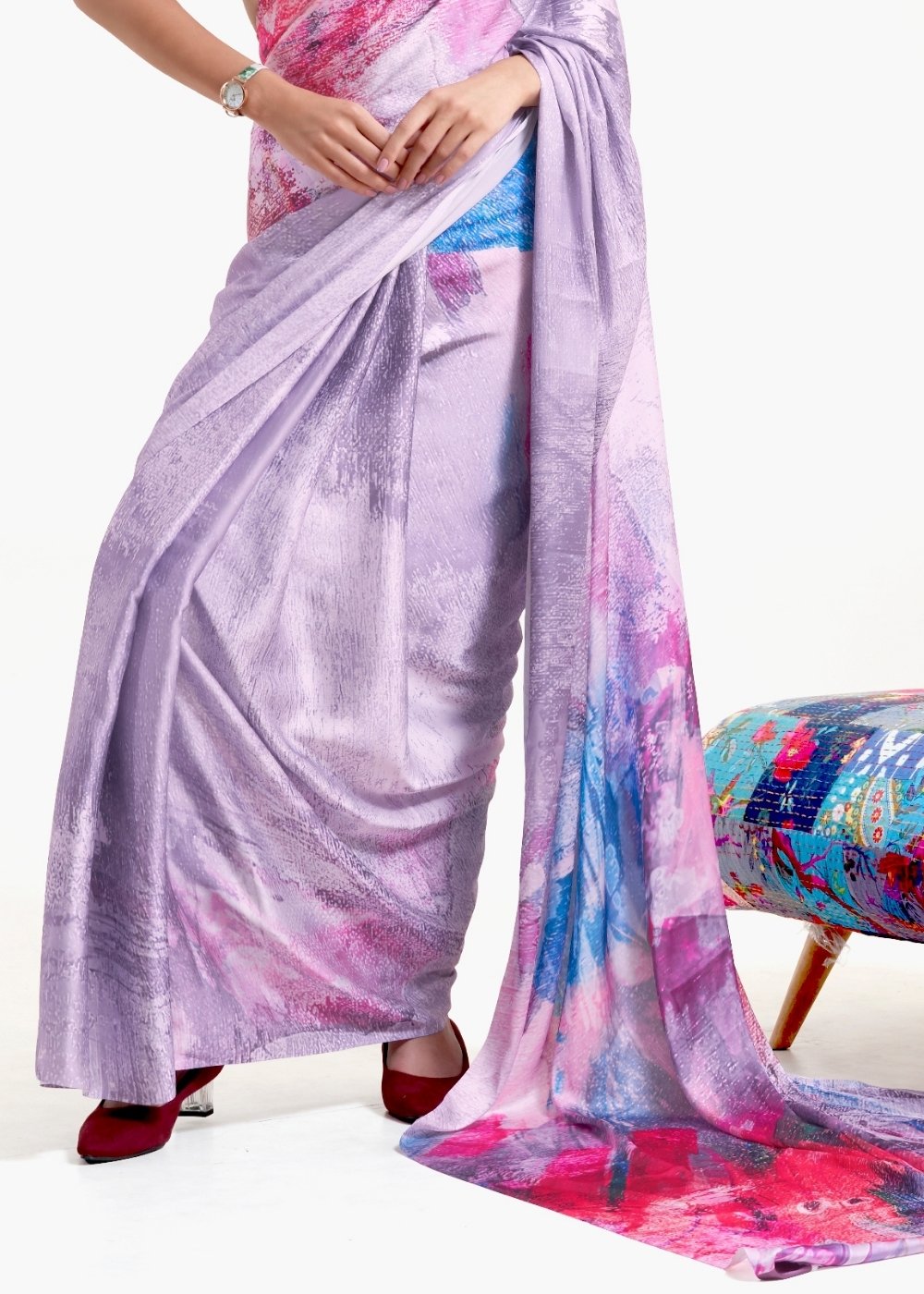 Periwinkle Purple Printed Satin Crepe Saree
